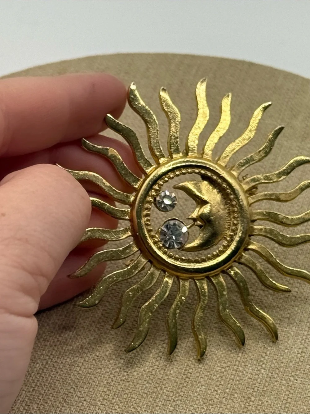 Gold Sunburst Moon Brooch with Crystal Accents